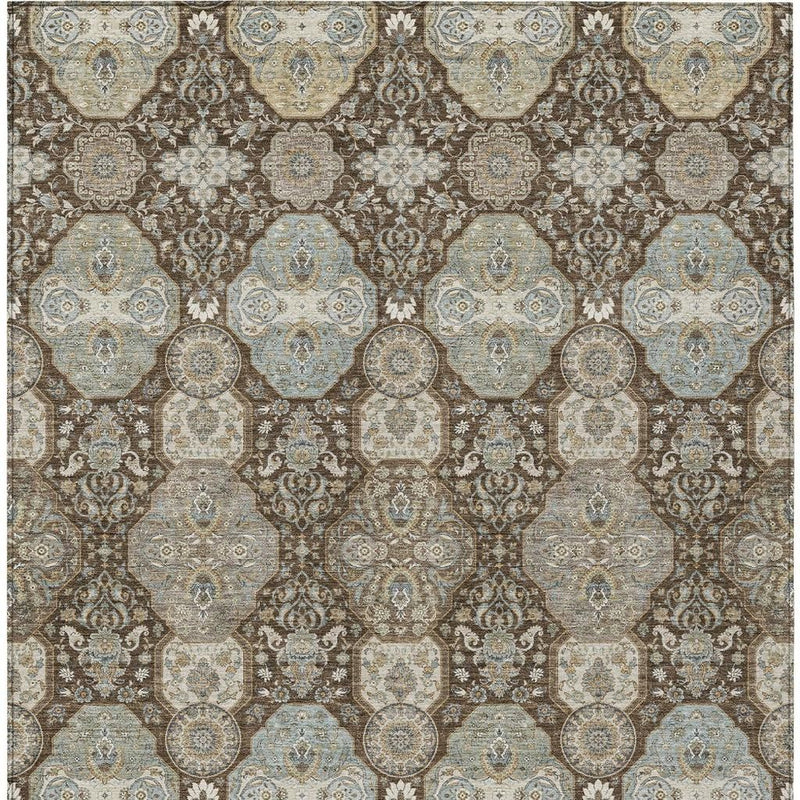 Blue-gray and brown geometric area rug with ornate octagon medallion and floral motif pattern