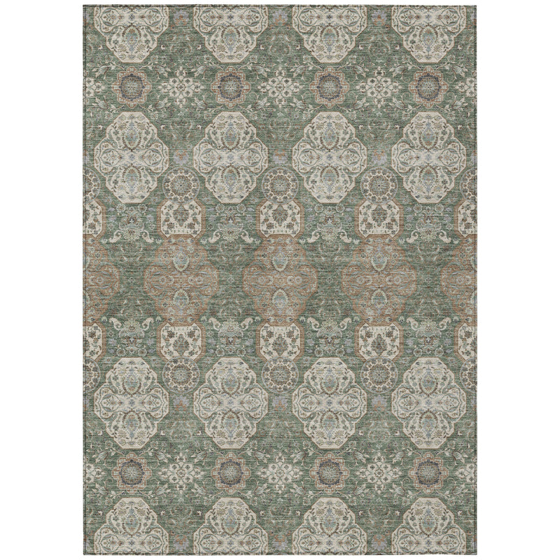 Green floral medallion area rug with repeating cream and tan motif, washable indoor/outdoor