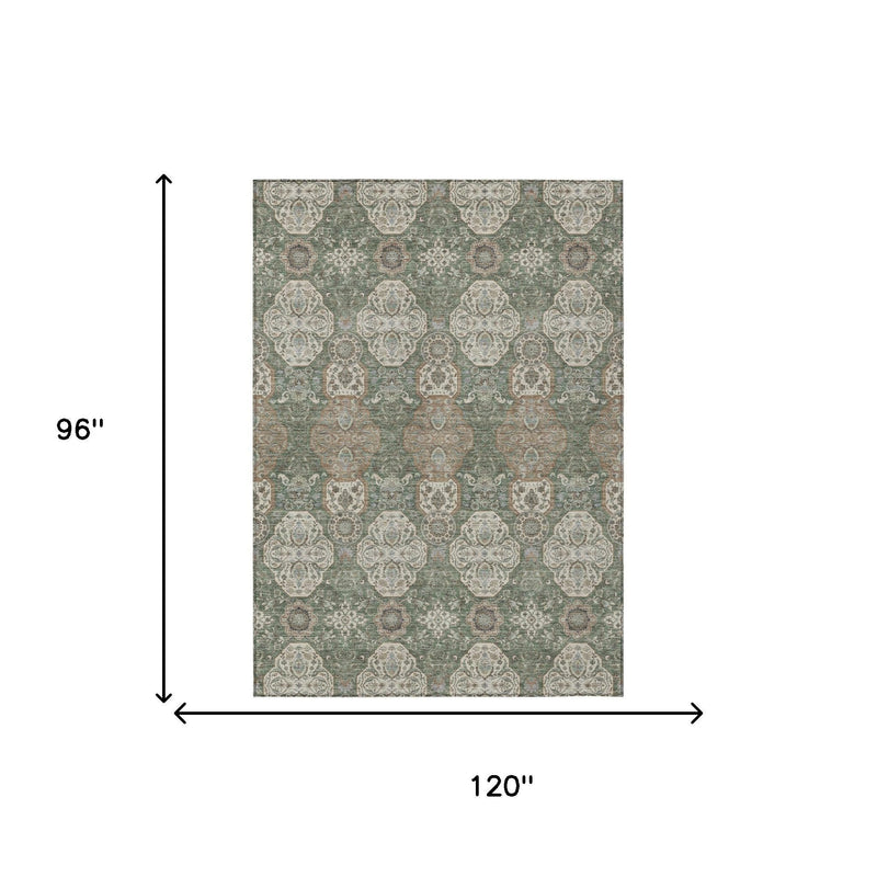 8x10 green floral medallion area rug, repeating cream and tan pattern, washable indoor/outdoor