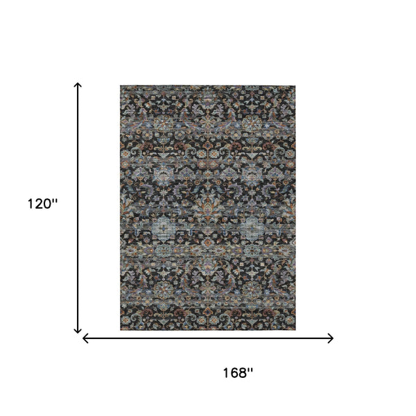 Indoor outdoor area rug, dark charcoal with floral medallion pattern and border