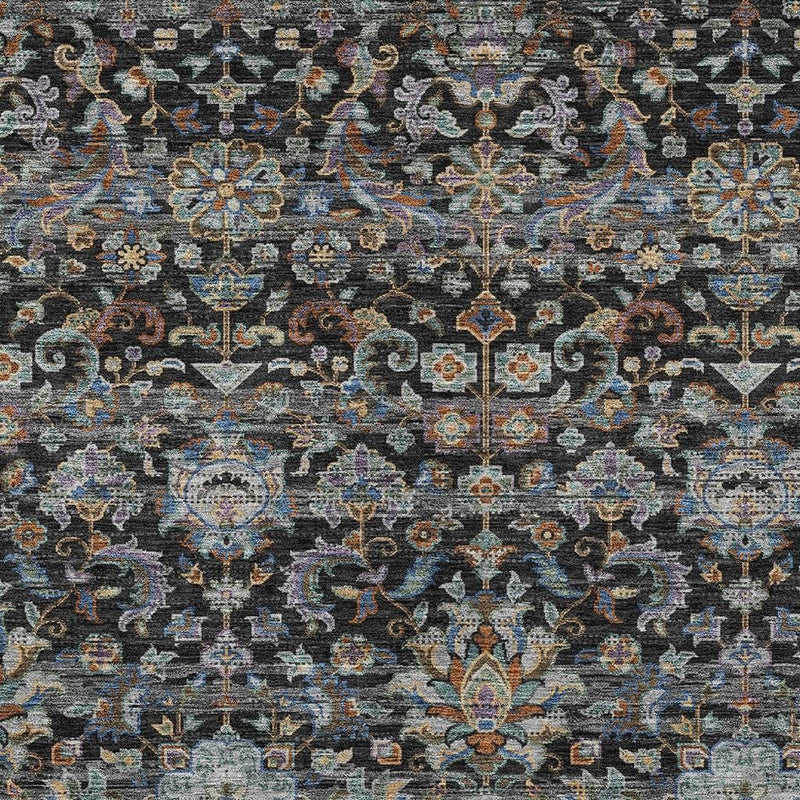 Detailed floral medallion pattern on dark charcoal indoor outdoor area rug