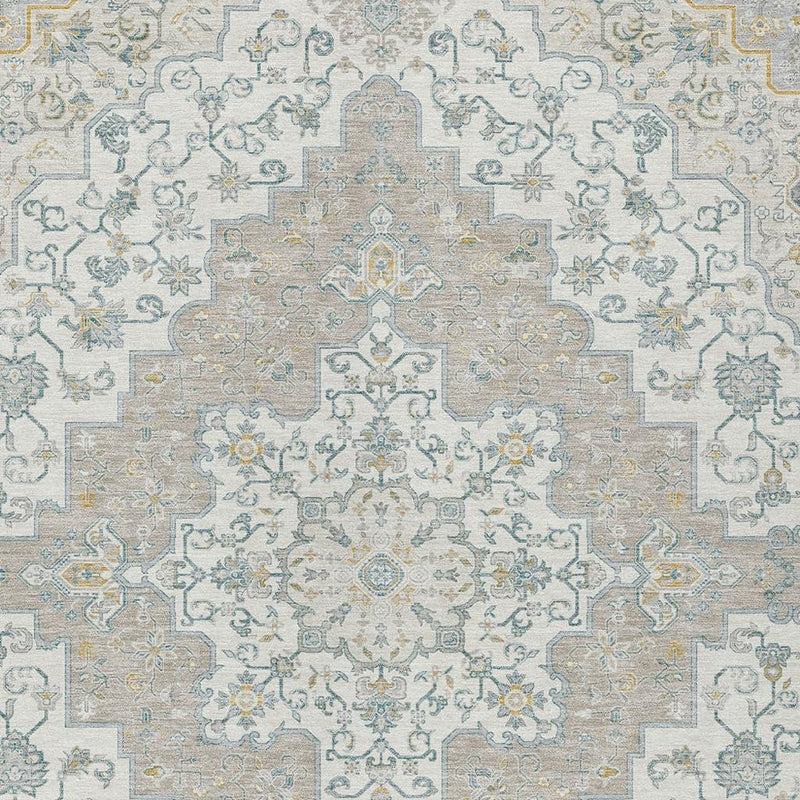 Ivory, taupe, and blue medallion area rug with ornate scrolling geometric pattern