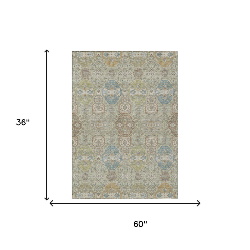 Sage and green floral medallion rug with 60 in by 36 in size diagram