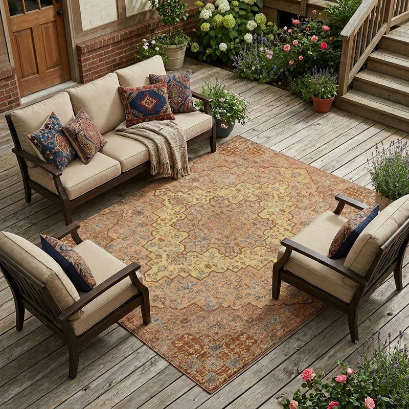 Indoor-outdoor medallion area rug in copper and gold with blue pattern on patio floor.
