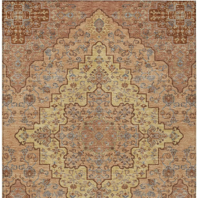 Copper and gold medallion area rug with blue ornate border, flat pattern view.