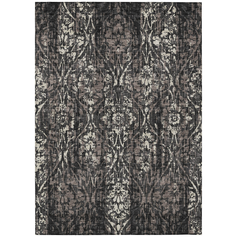 Charcoal and black damask area rug with intricate light pattern, flat weave design.