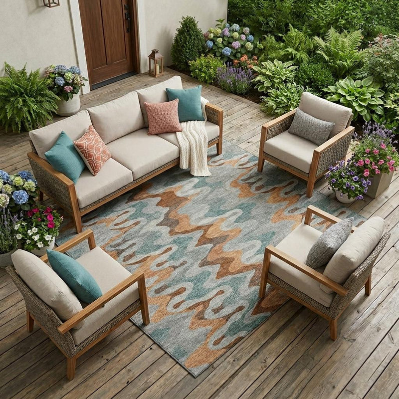 Abstract indoor outdoor area rug with wavy zigzag pattern in gray, teal, and rust accents