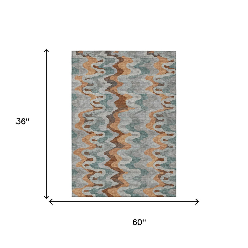 3 x 5 ft indoor/outdoor area rug, abstract zigzag pattern in silver, copper, and teal