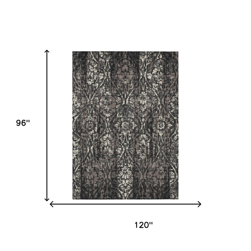 Damask area rug in charcoal and black with cream ivory pattern, 8 x 10 ft