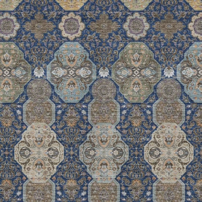 Navy and gray floral rug with intricate medallion and scroll details
