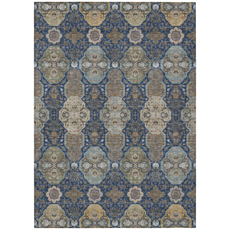 Navy blue and gray floral octagon pattern washable indoor outdoor area rug