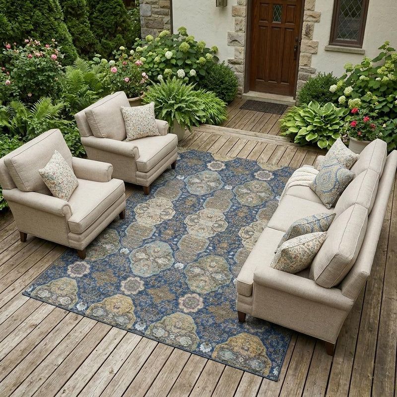 Navy and gray floral medallion area rug, rectangular, for indoor or outdoor use