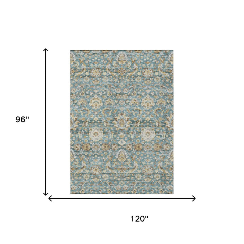 Teal blue rectangular area rug with beige and tan ornate floral medallion pattern