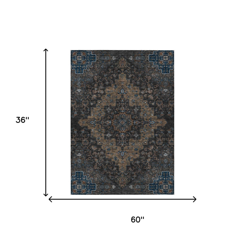 Medallion area rug, 3 x 5 ft (36 in x 60 in), dark charcoal with blue accents