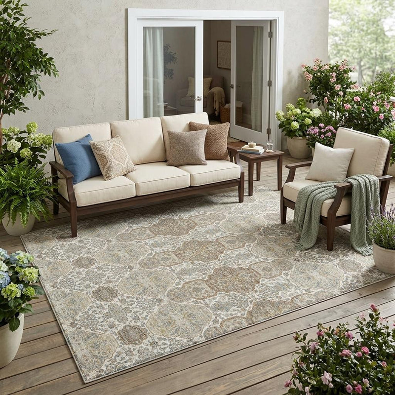 Ivory indoor-outdoor area rug with distressed medallion floral pattern