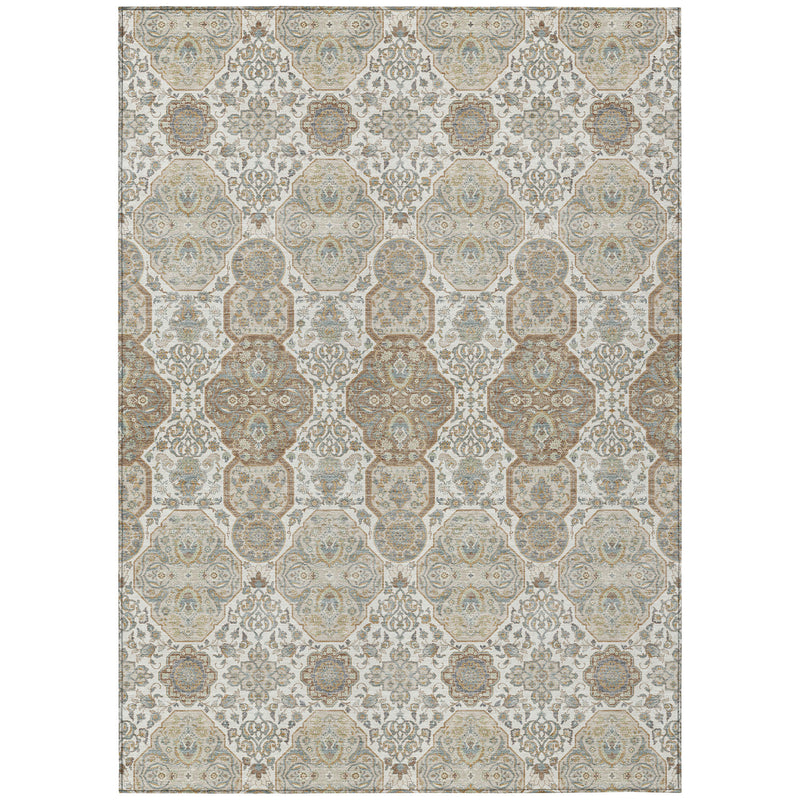 Ivory area rug with repeating ornate medallion floral pattern in muted blue and brown