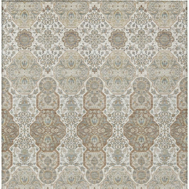 Ivory area rug with repeating geometric floral medallion pattern in blue and taupe