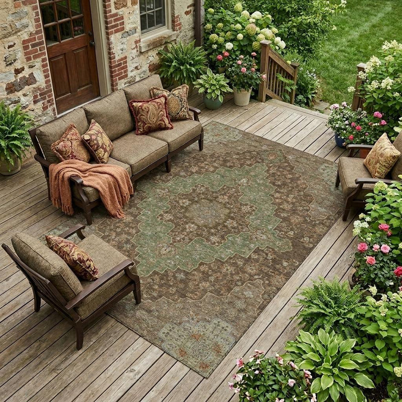 Indoor outdoor medallion area rug in chocolate brown and olive green geometric design