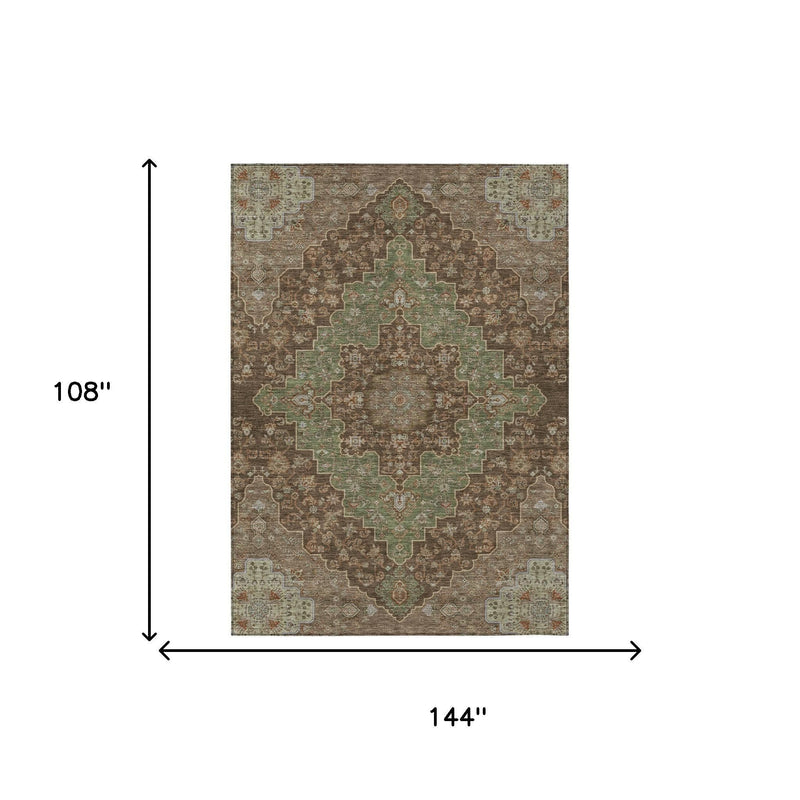 Chocolate and olive medallion area rug, 144 in x 108 in