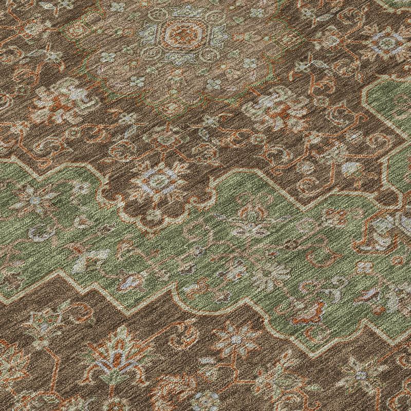 Close-up of ornate geometric area rug pattern in dark brown and olive