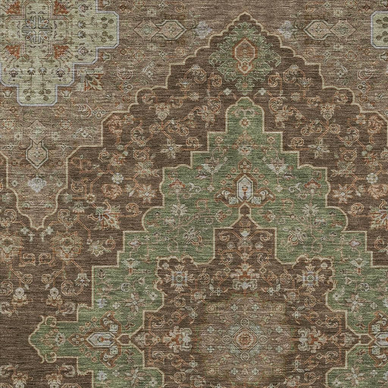 Chocolate and olive medallion area rug with distressed ornate lattice pattern