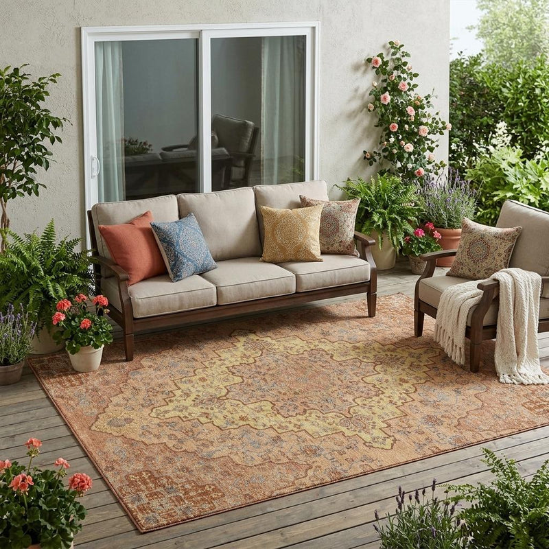 Indoor outdoor area rug with copper, gold, and blue ornate medallion design.