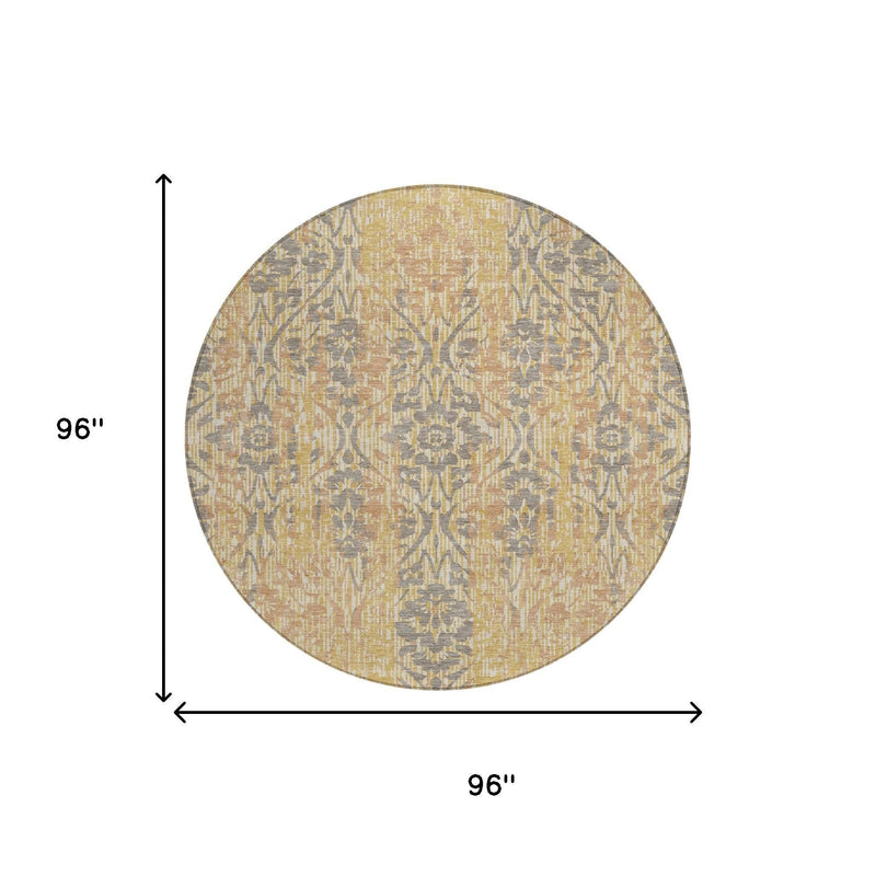 Round damask area rug, 96 in diameter; gold and gray damask pattern with dark border