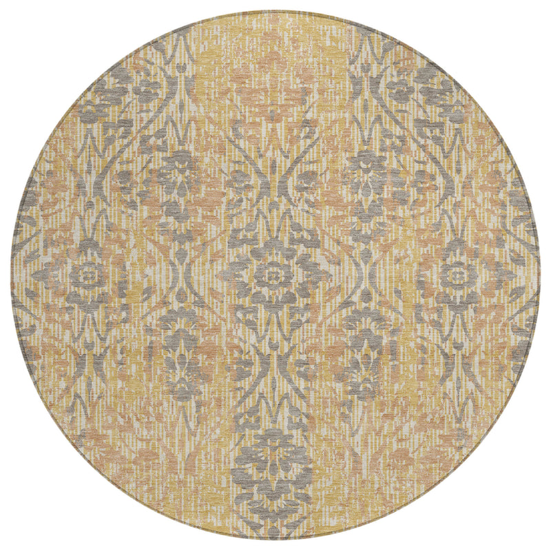 Round damask area rug in gold and gray with brown accents, circular design