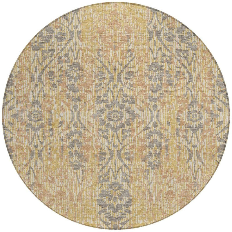 Round damask area rug, gold base with gray motif pattern and thin dark border
