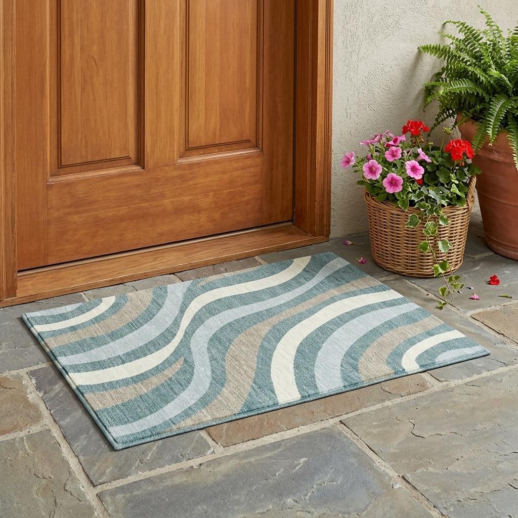 3' X 5' Teal Blue And Taupe Striped Washable Indoor Outdoor Area Rug - Sports & Outdoor