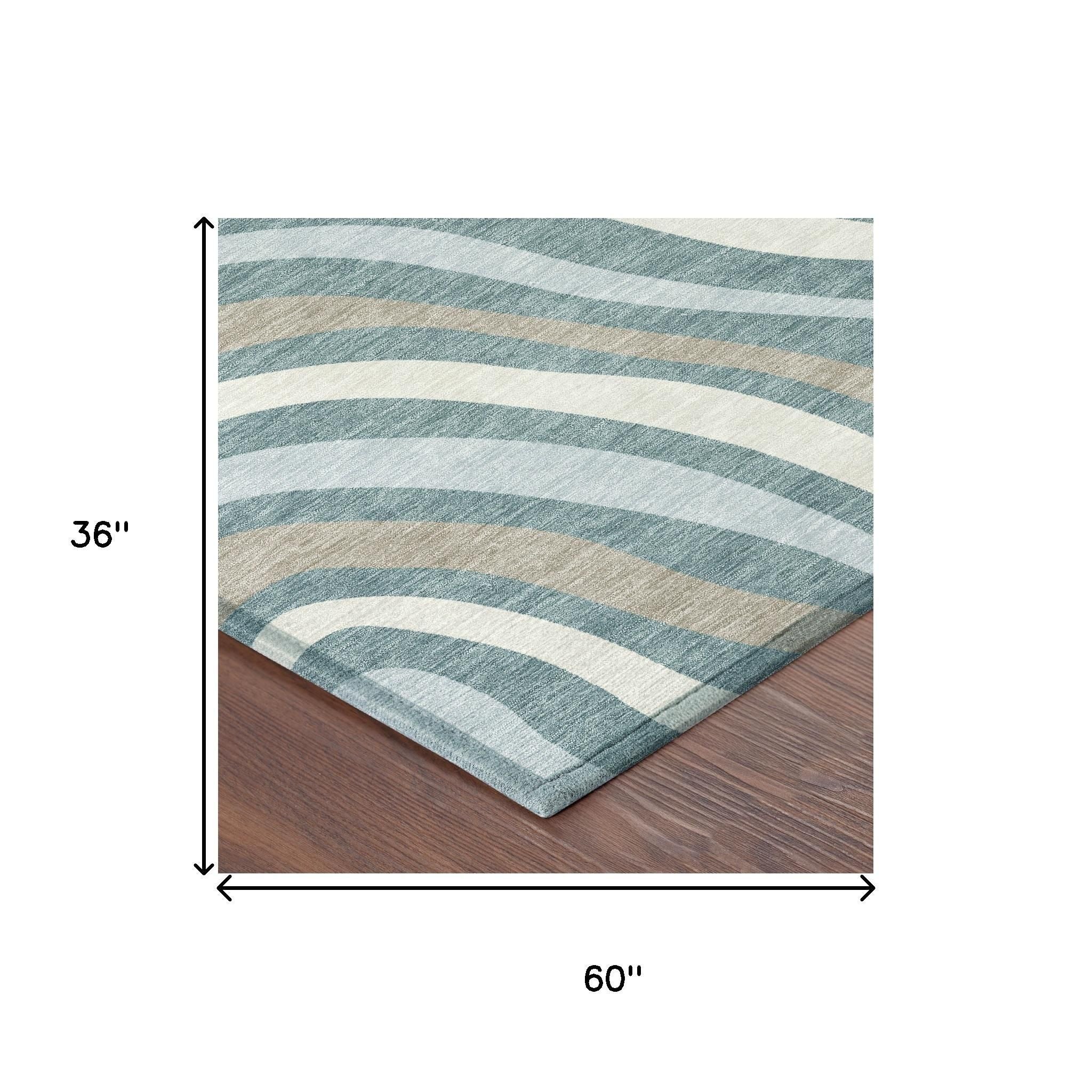 3' X 5' Teal Blue And Taupe Striped Washable Indoor Outdoor Area Rug - Sports & Outdoor