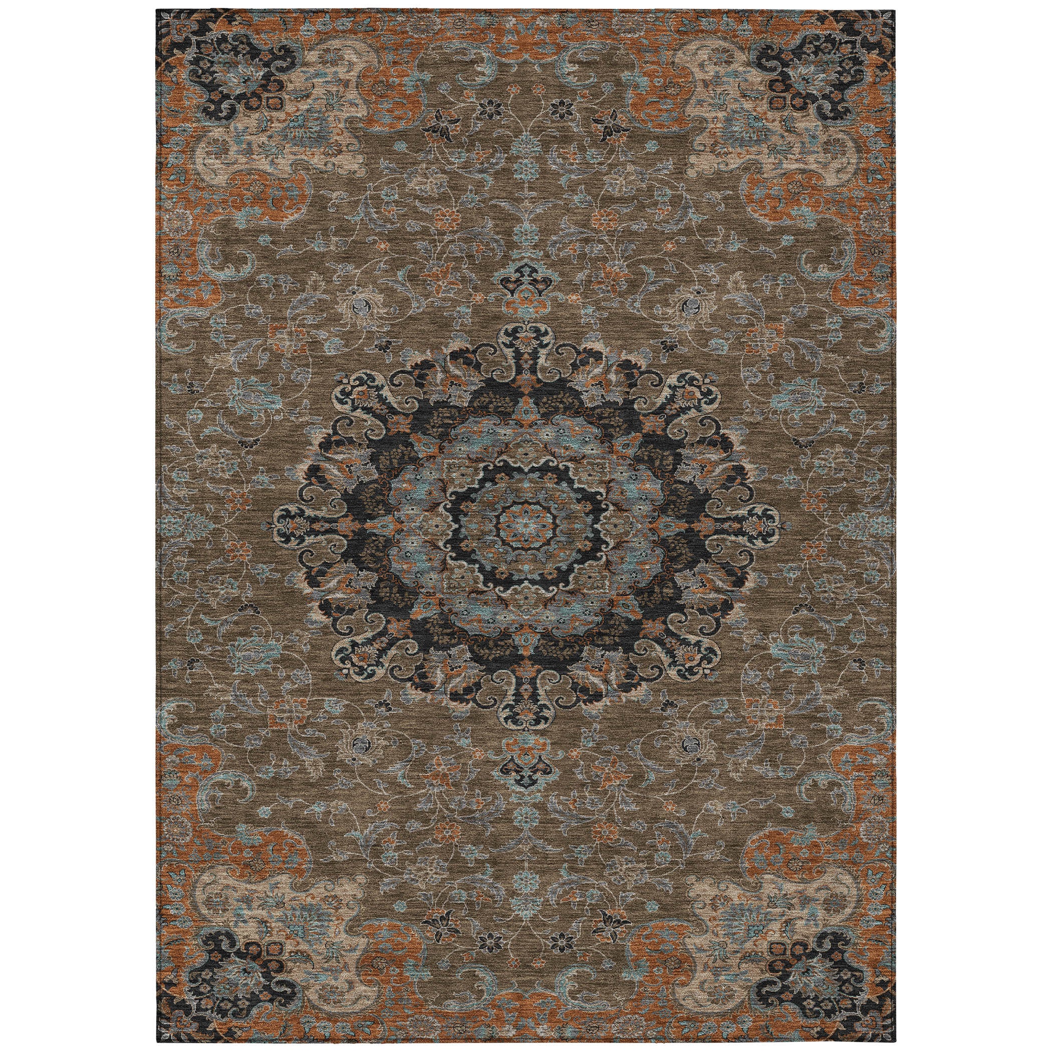3' X 5' Chocolate And Black Floral Medallion Washable Indoor Outdoor Area Rug - Sports & Outdoor