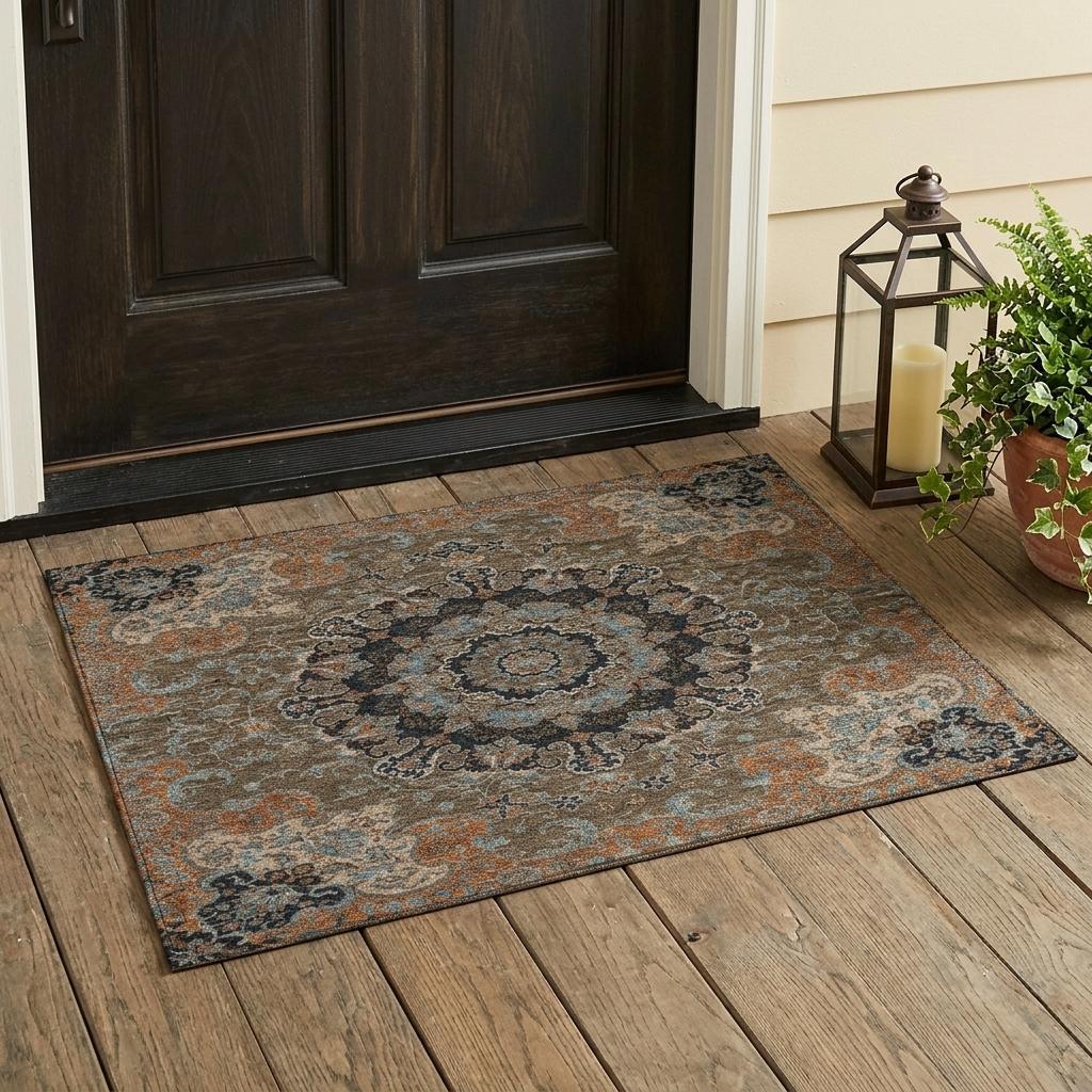 3' X 5' Chocolate And Black Floral Medallion Washable Indoor Outdoor Area Rug - Sports & Outdoor
