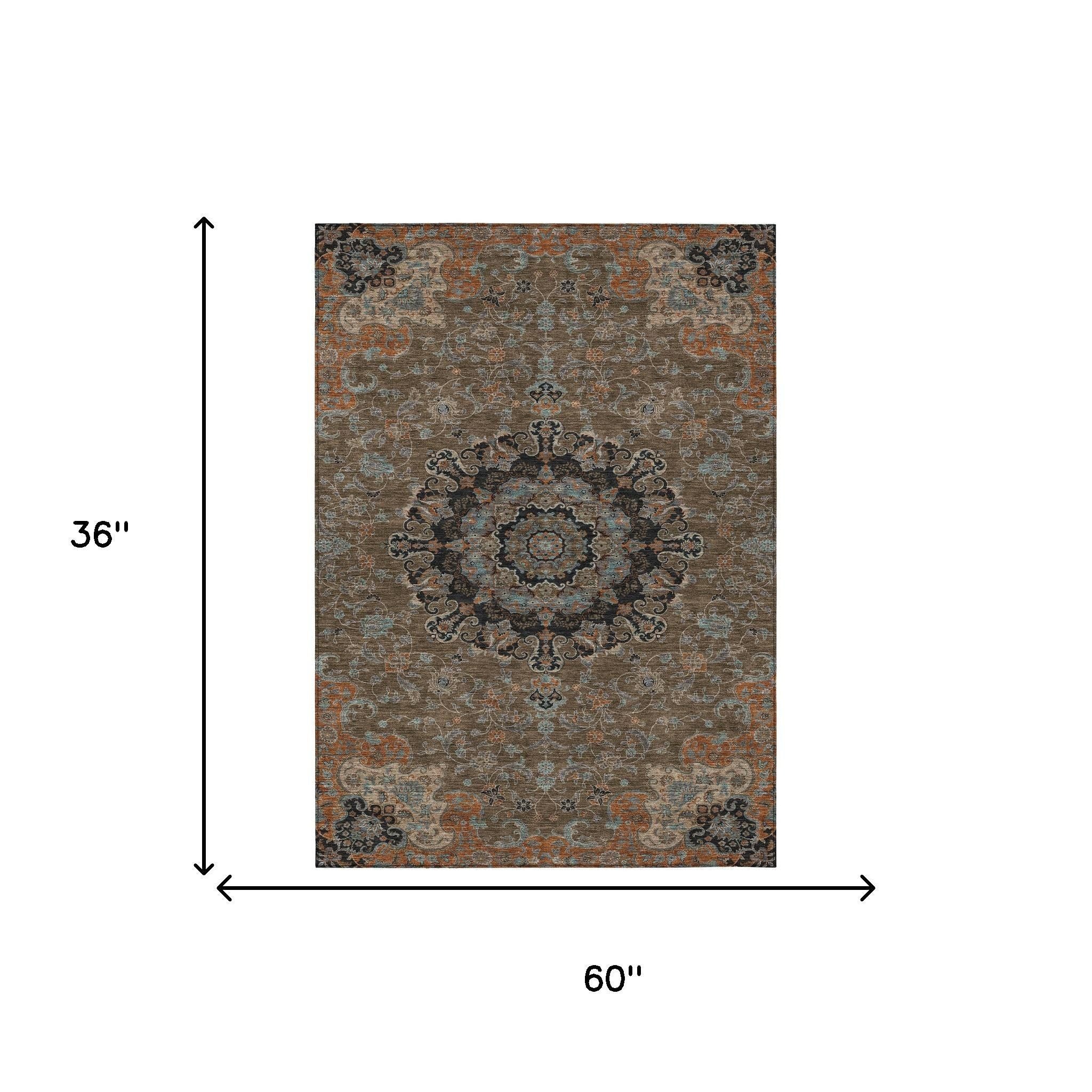 3' X 5' Chocolate And Black Floral Medallion Washable Indoor Outdoor Area Rug - Sports & Outdoor