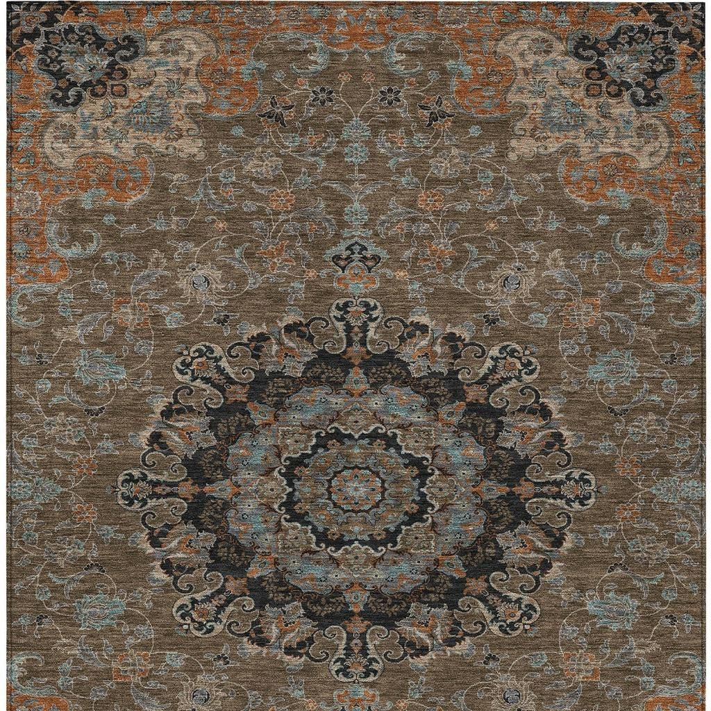 3' X 5' Chocolate And Black Floral Medallion Washable Indoor Outdoor Area Rug - Sports & Outdoor