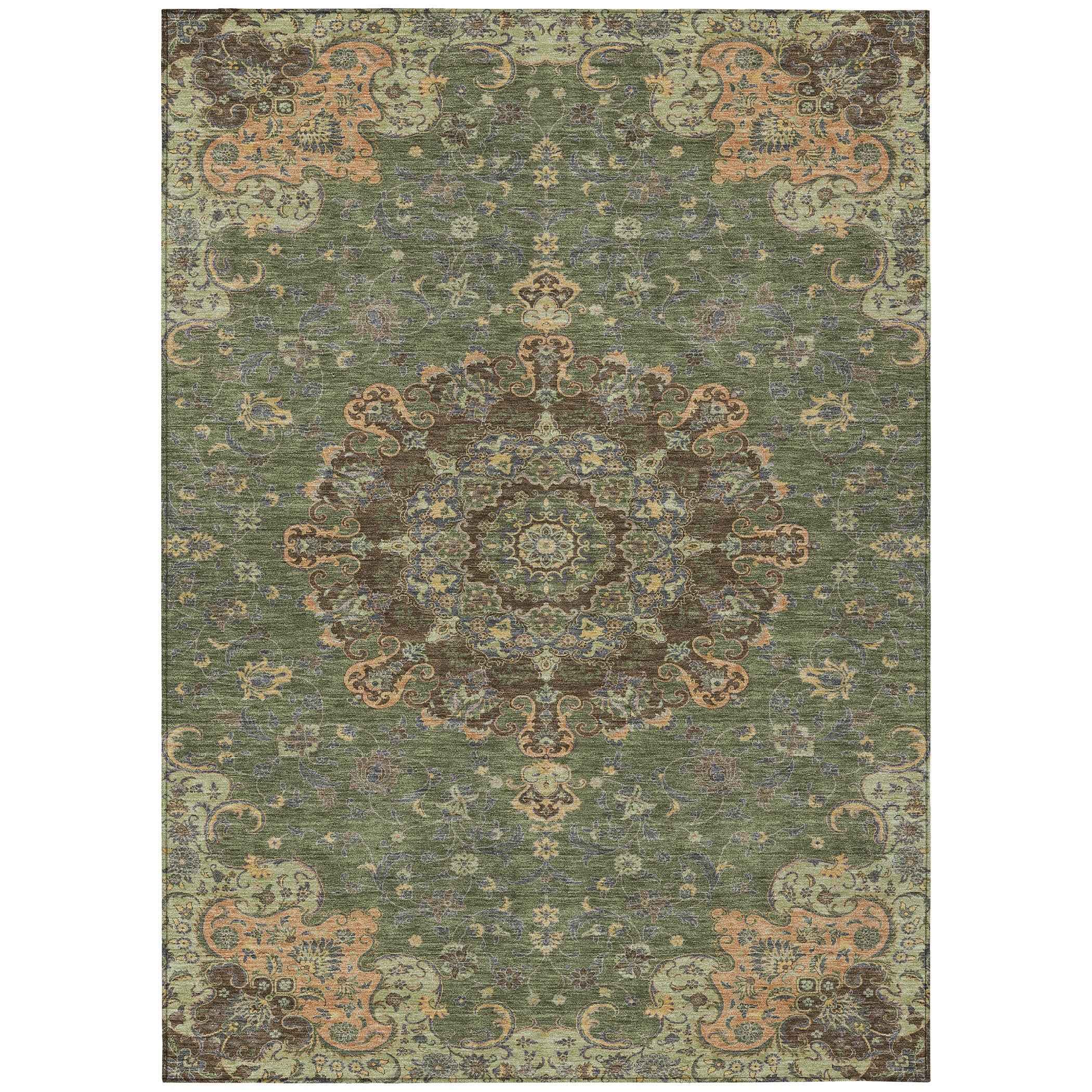 5' X 8' Olive Green And Chocolate Floral Medallion Washable Indoor Outdoor Area Rug - Outdoor | blocked-out-of-stock,…