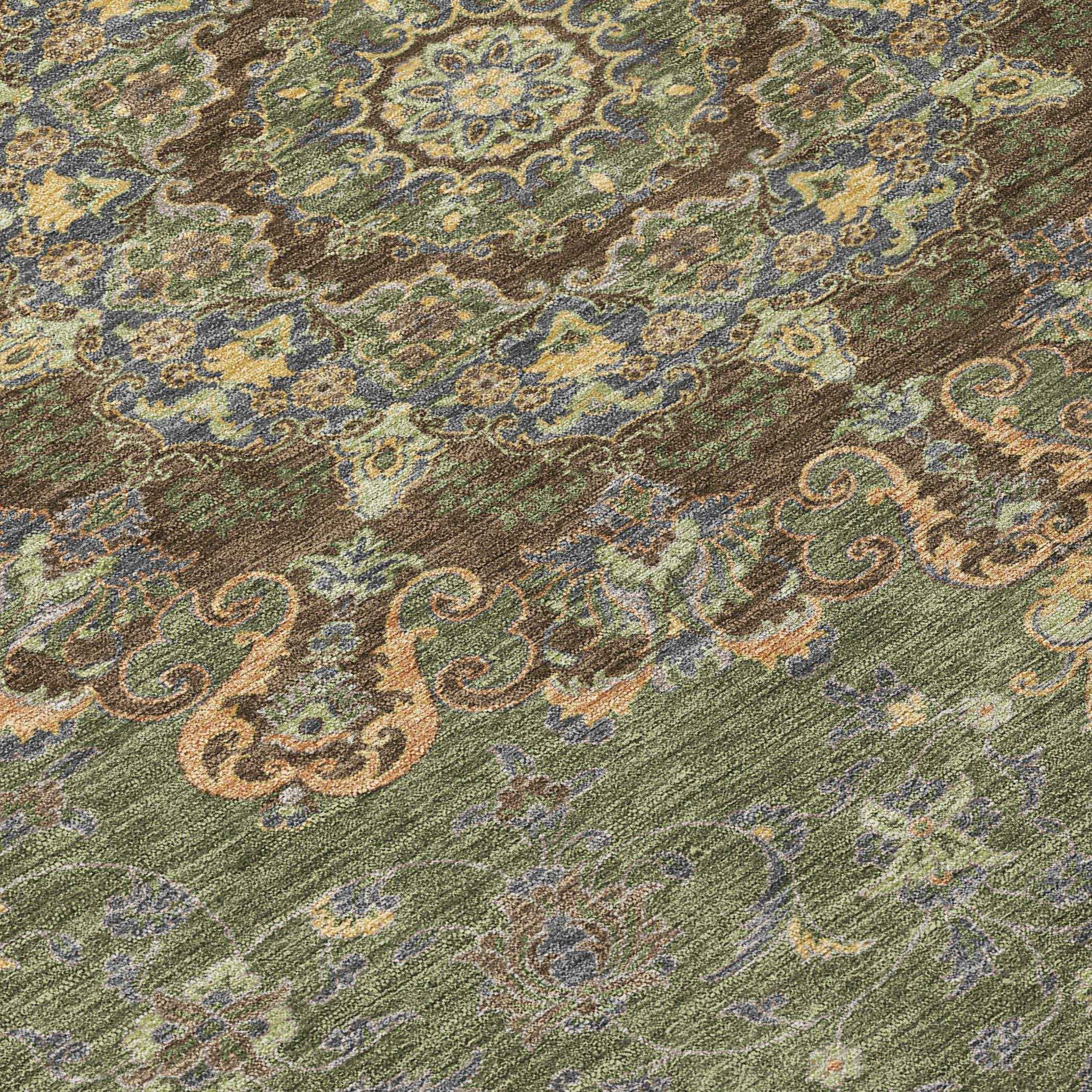 5' X 8' Olive Green And Chocolate Floral Medallion Washable Indoor Outdoor Area Rug - Outdoor | blocked-out-of-stock,…
