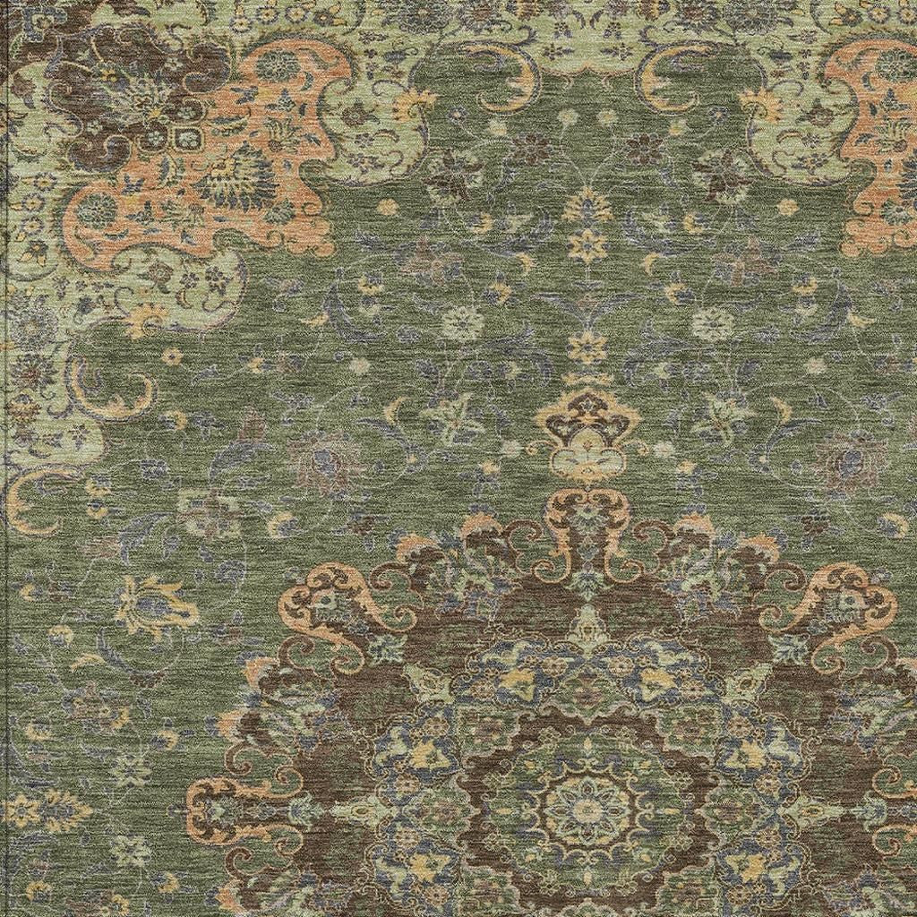 5' X 8' Olive Green And Chocolate Floral Medallion Washable Indoor Outdoor Area Rug - Outdoor | blocked-out-of-stock,…