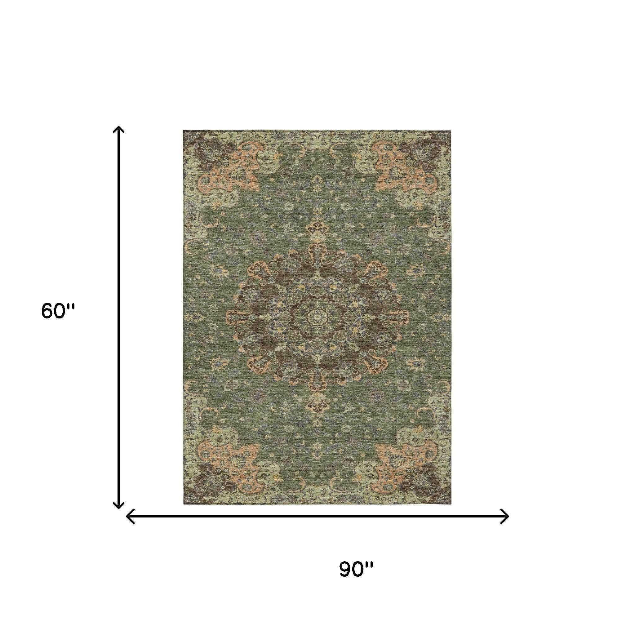 5' X 8' Olive Green And Chocolate Floral Medallion Washable Indoor Outdoor Area Rug - Outdoor | blocked-out-of-stock,…