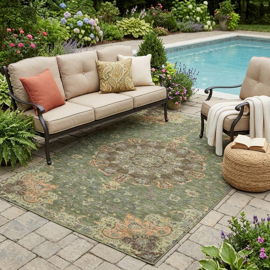 5' X 8' Olive Green And Chocolate Floral Medallion Washable Indoor Outdoor Area Rug - Outdoor | blocked-out-of-stock,…