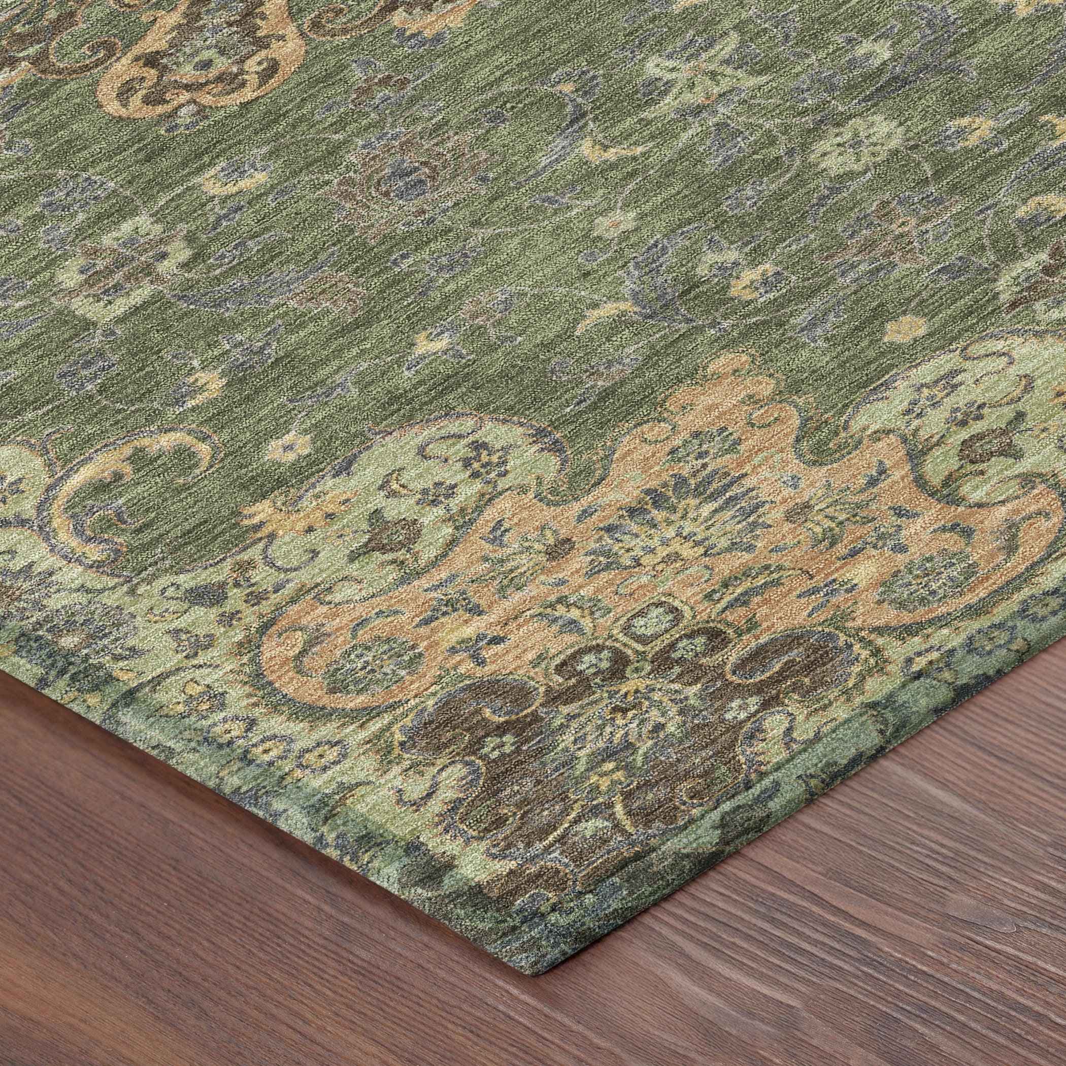 5' X 8' Olive Green And Chocolate Floral Medallion Washable Indoor Outdoor Area Rug - Outdoor | blocked-out-of-stock,…