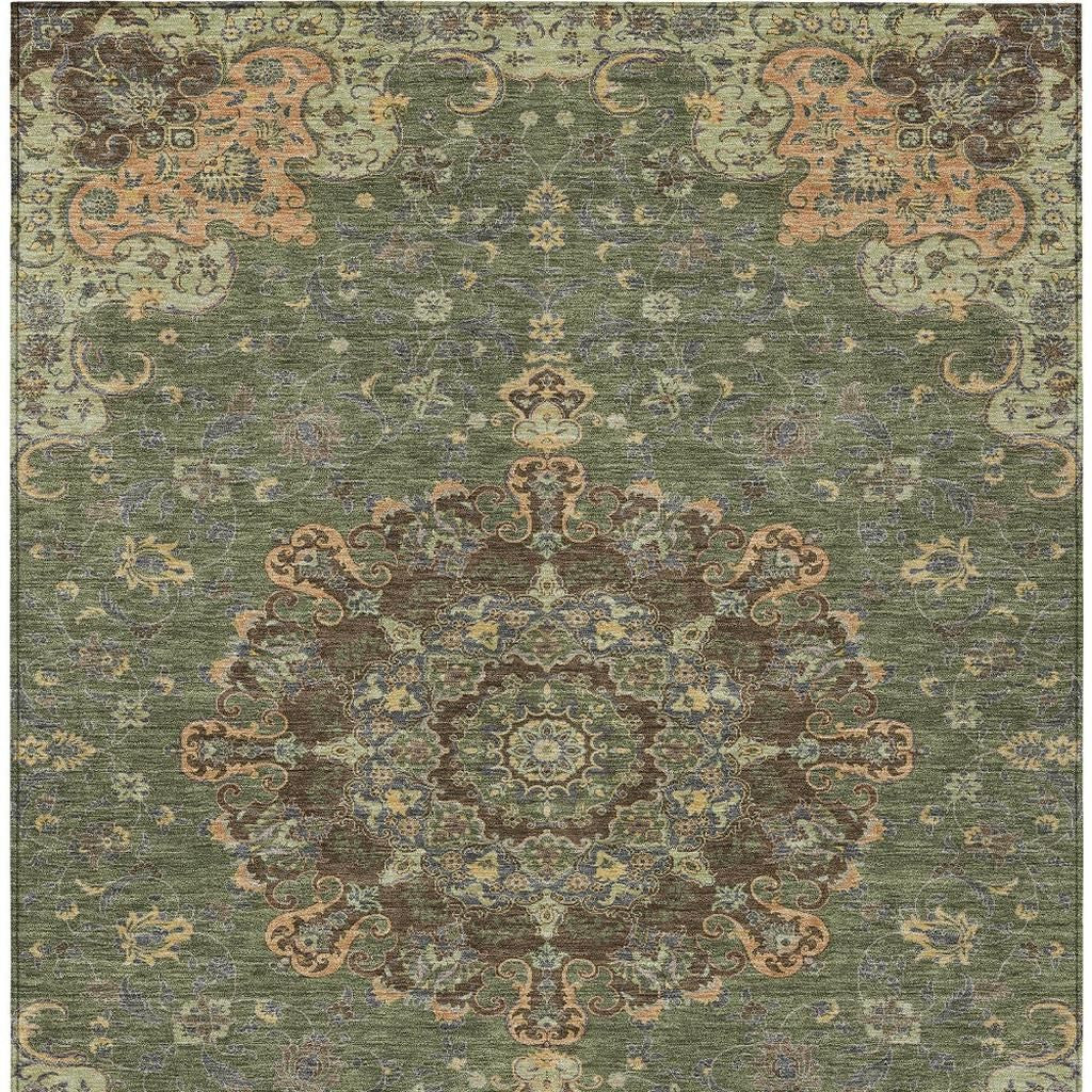 5' X 8' Olive Green And Chocolate Floral Medallion Washable Indoor Outdoor Area Rug - Outdoor | blocked-out-of-stock,…
