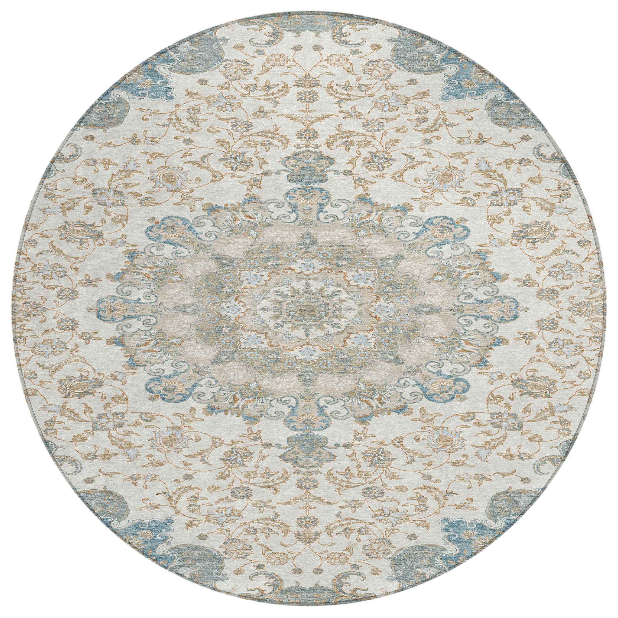 8' Ivory And Gray Round Floral Medallion Washable Indoor Outdoor Area Rug - Outdoor | blocked-missing-media,…