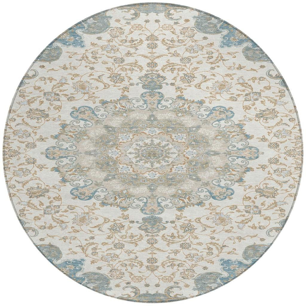 8' Ivory And Gray Round Floral Medallion Washable Indoor Outdoor Area Rug - Outdoor | blocked-missing-media,…