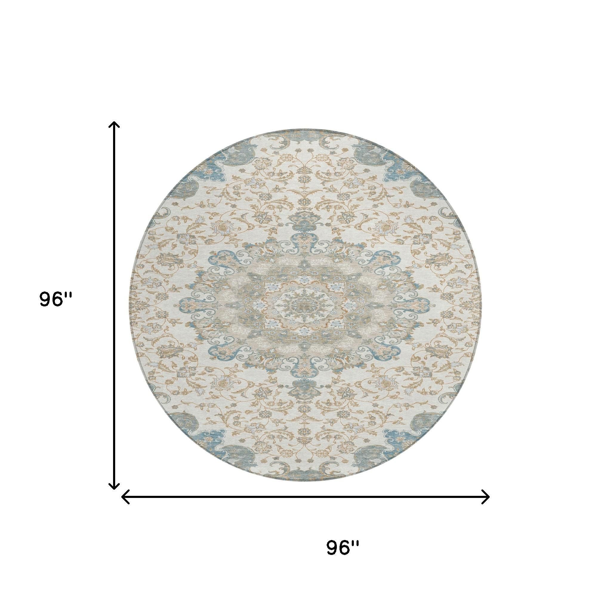 8' Ivory And Gray Round Floral Medallion Washable Indoor Outdoor Area Rug - Outdoor | blocked-missing-media,…