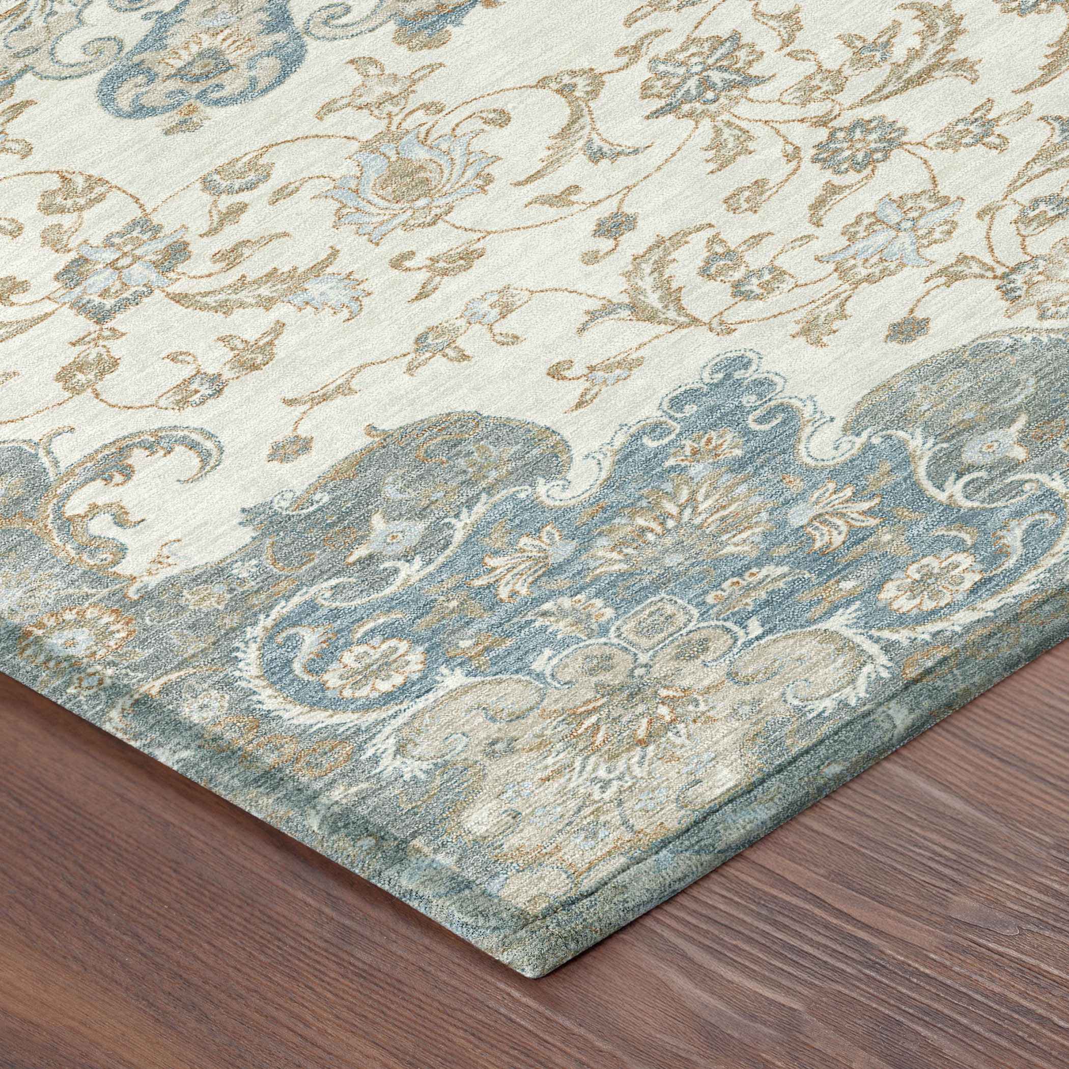 8' Ivory And Gray Round Floral Medallion Washable Indoor Outdoor Area Rug - Outdoor | blocked-missing-media,…