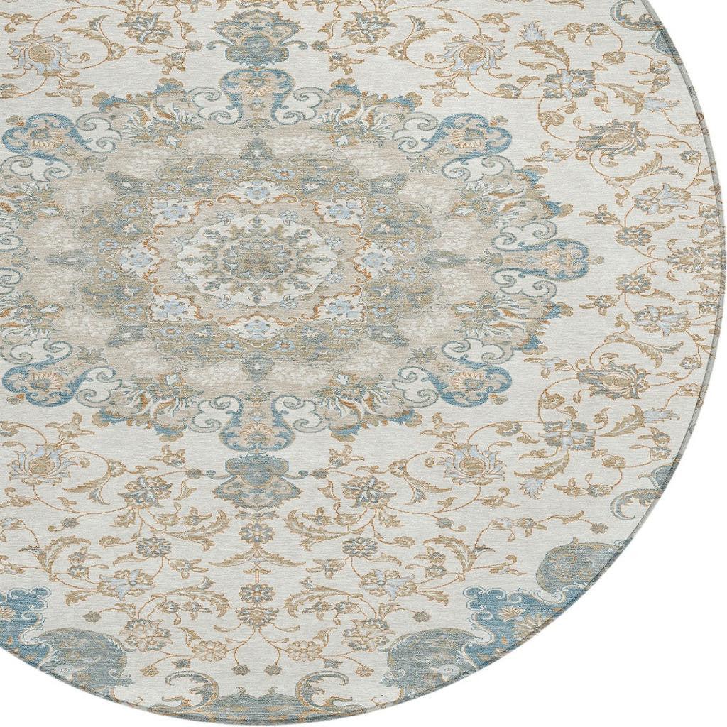 8' Ivory And Gray Round Floral Medallion Washable Indoor Outdoor Area Rug - Outdoor | blocked-missing-media,…