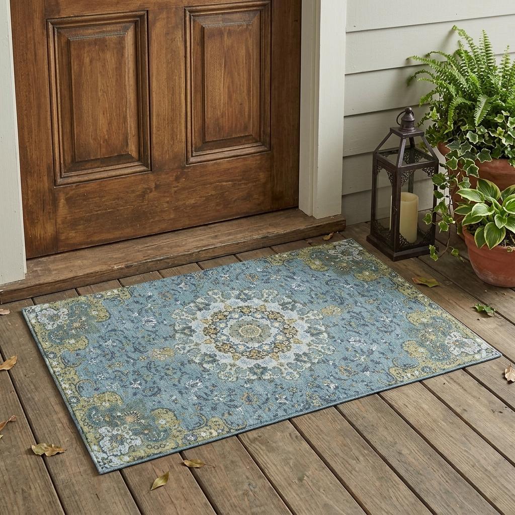 3' X 5' Teal Blue And Gold Floral Medallion Washable Indoor Outdoor Area Rug - Sports & Outdoor