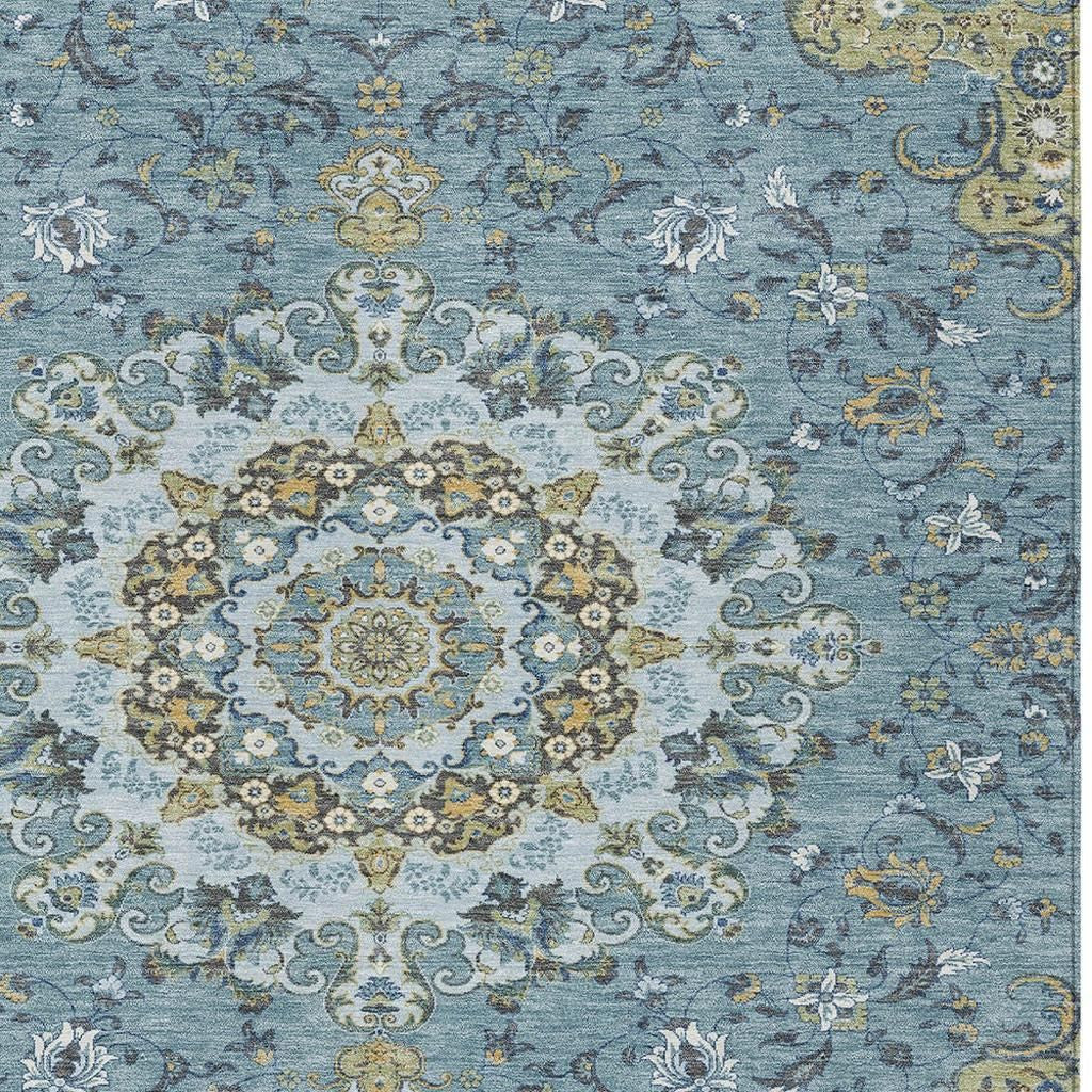 3' X 5' Teal Blue And Gold Floral Medallion Washable Indoor Outdoor Area Rug - Sports & Outdoor
