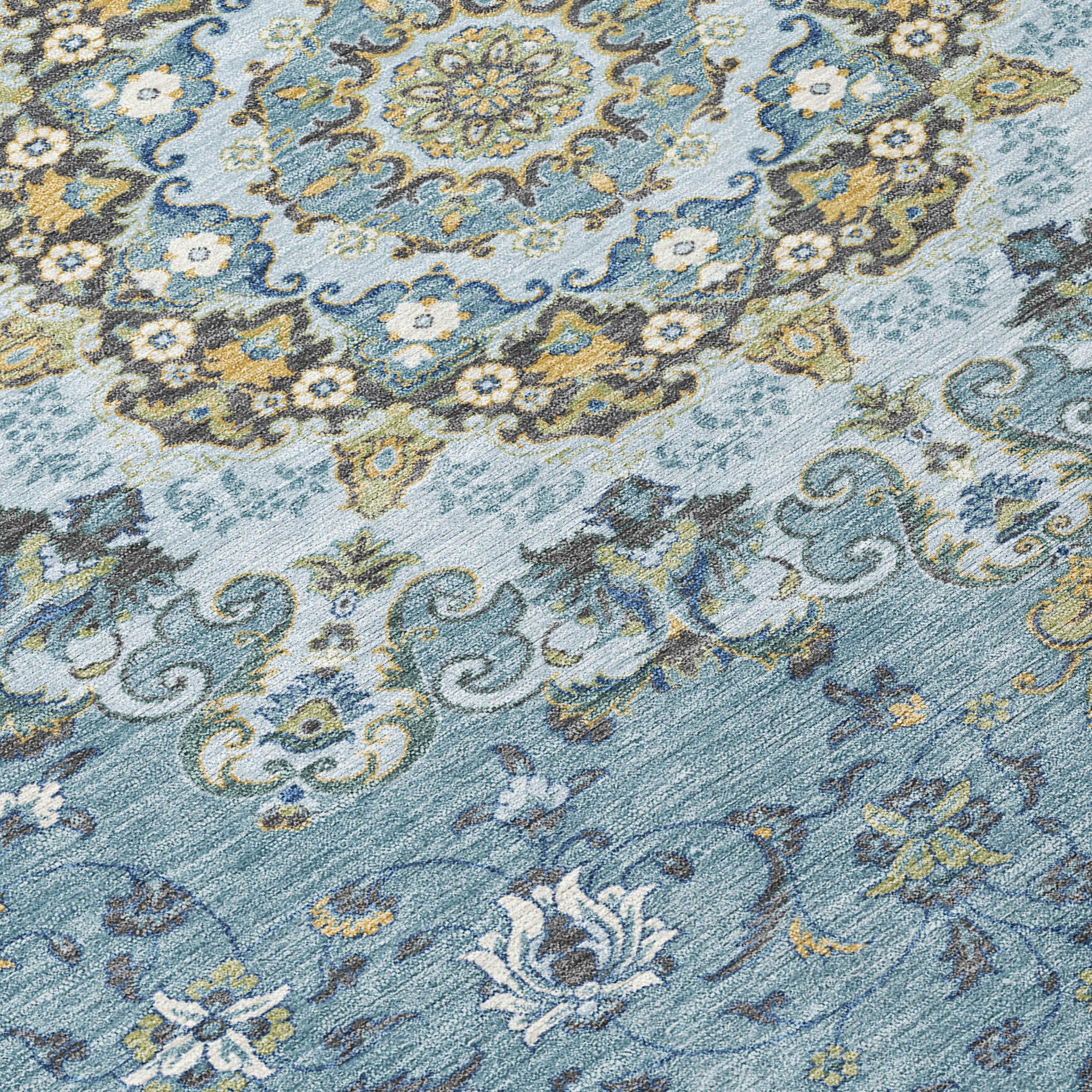 3' X 5' Teal Blue And Gold Floral Medallion Washable Indoor Outdoor Area Rug - Sports & Outdoor